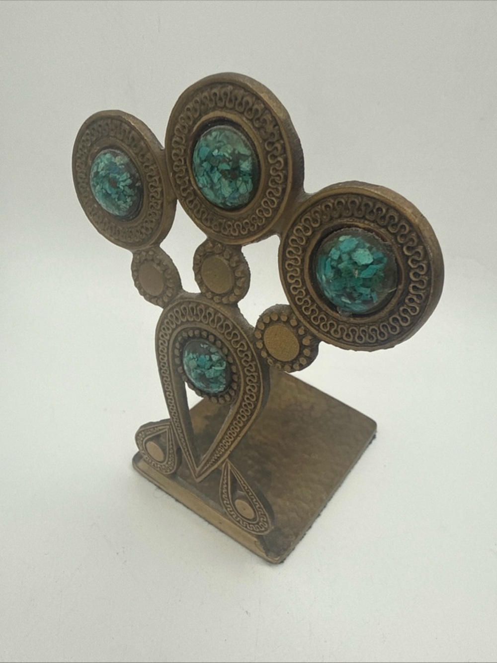 VTG Israel MCM Brass Bookend w/ crushed Turquoise inlay 6x3”